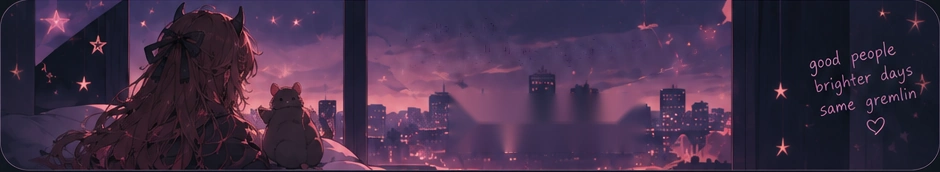 Fifi and a little rat looking out over a pink evening skyline
