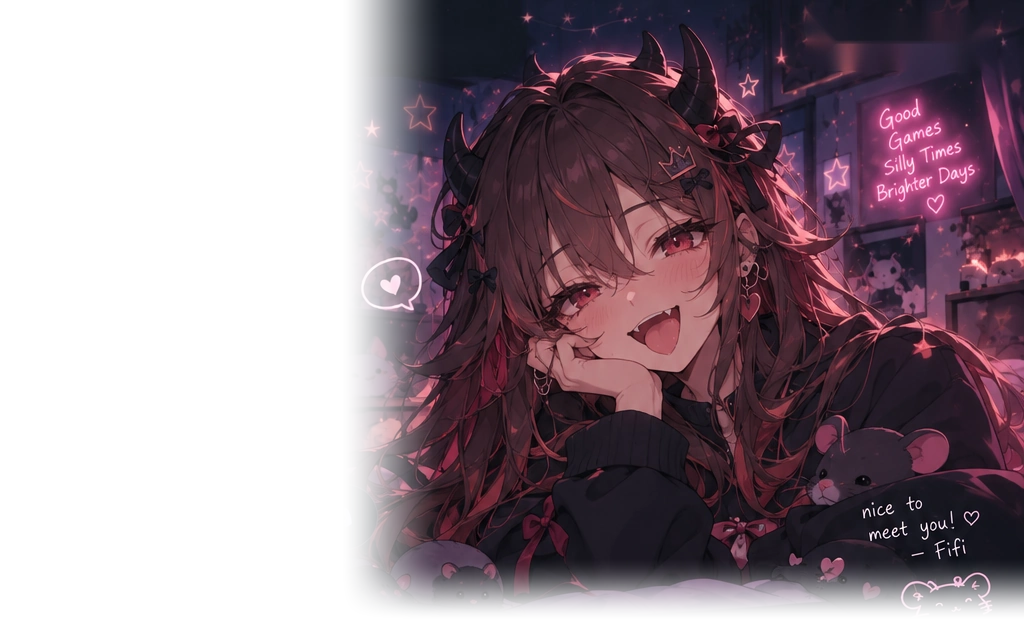 Fifi with dark red hair and horns, in a cozy room with her little rats